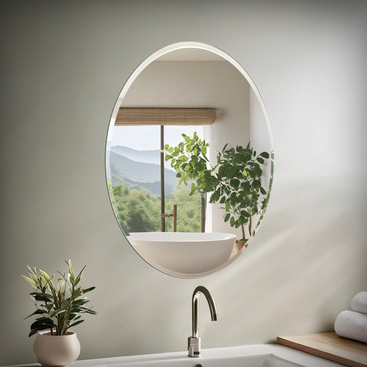 Modern Frameless Beveled Oval Wall Bathroom / Vanity Mirror