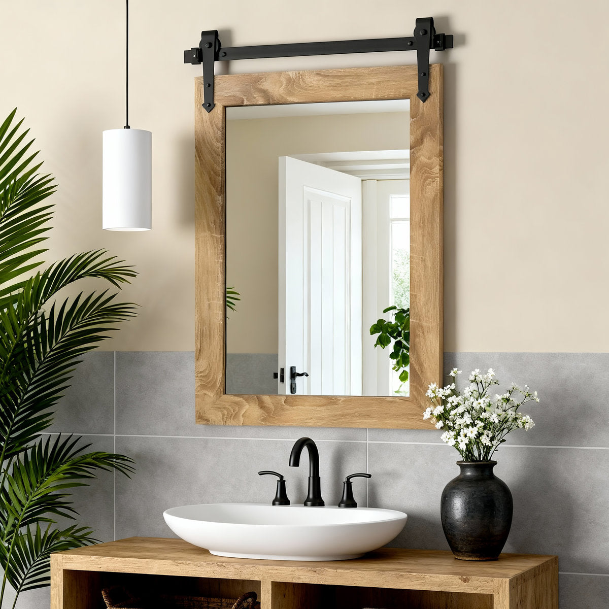 Rustic Farmhouse Solid Wood Accent Mirror Decorative Mirror Rectangle Bathroom Mirror Barn Wall Mirror
